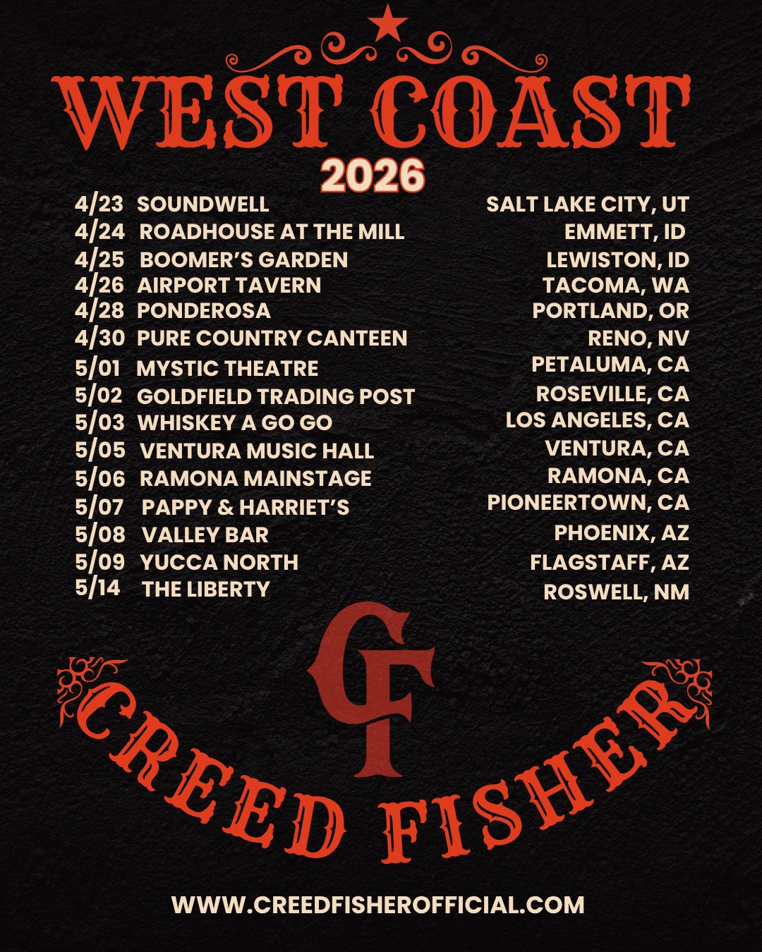 Creed Fisher West Coast Tour Poster 2026